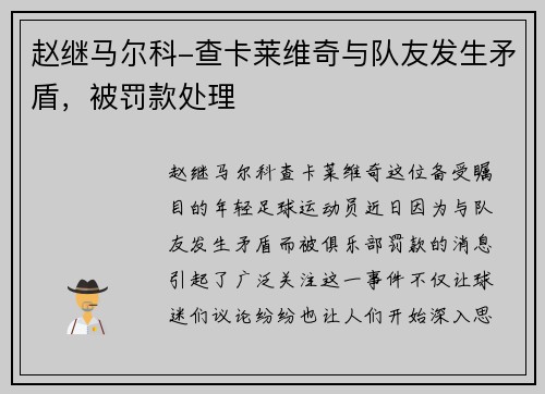 赵继马尔科-查卡莱维奇与队友发生矛盾，被罚款处理
