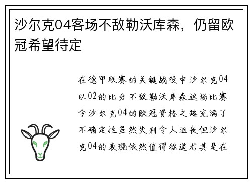 沙尔克04客场不敌勒沃库森，仍留欧冠希望待定